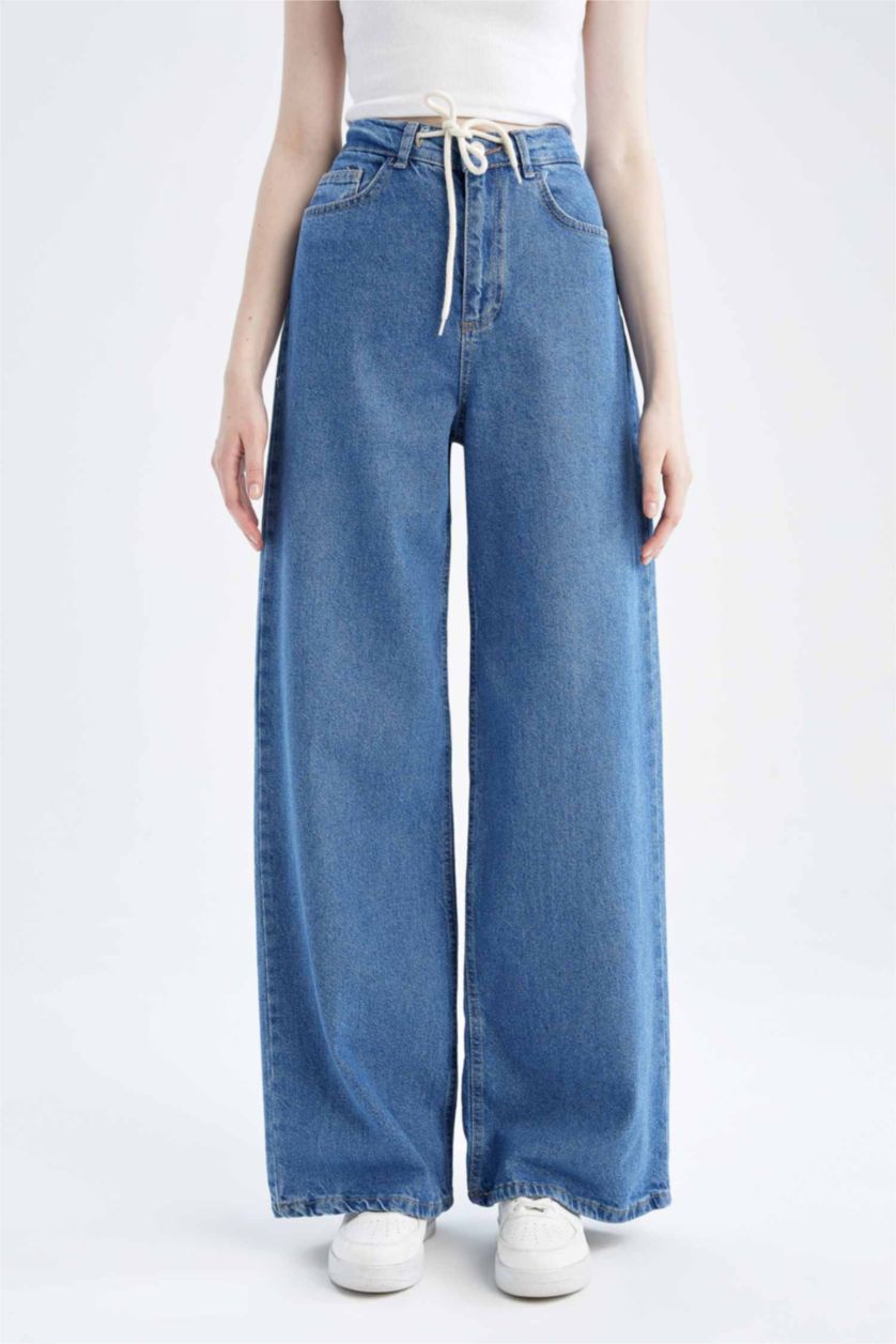 WOMAN Blue Wide Leg High Waist Lace Detailed Jean Trousers