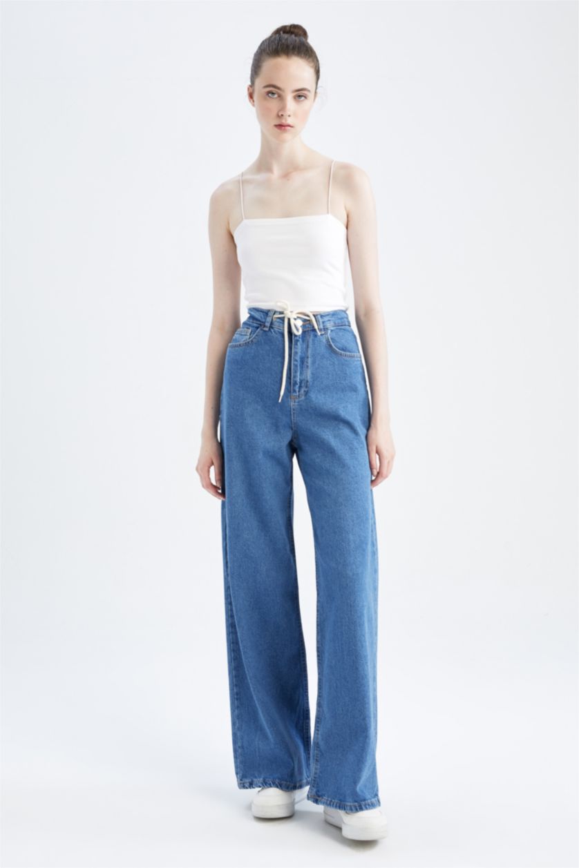 WOMAN Blue Wide Leg High Waist Lace Detailed Jean Trousers