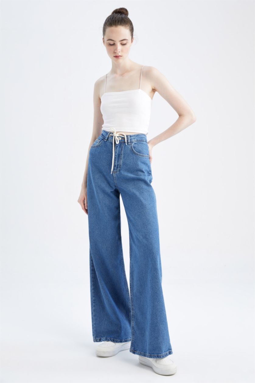 WOMAN Blue Wide Leg High Waist Lace Detailed Jean Trousers