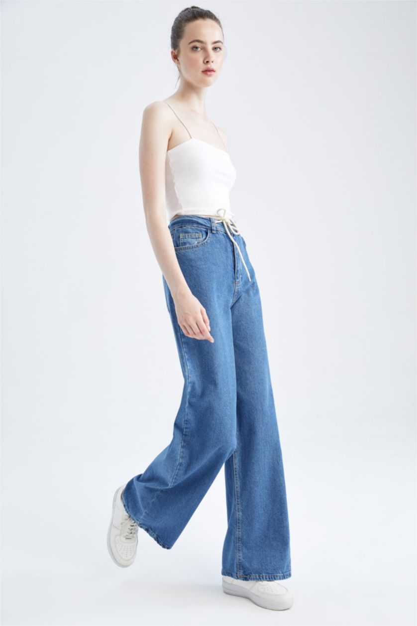 WOMAN Blue Wide Leg High Waist Lace Detailed Jean Trousers