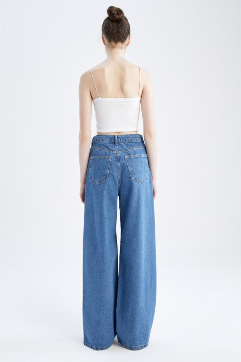 WOMAN Blue Wide Leg High Waist Lace Detailed Jean Trousers
