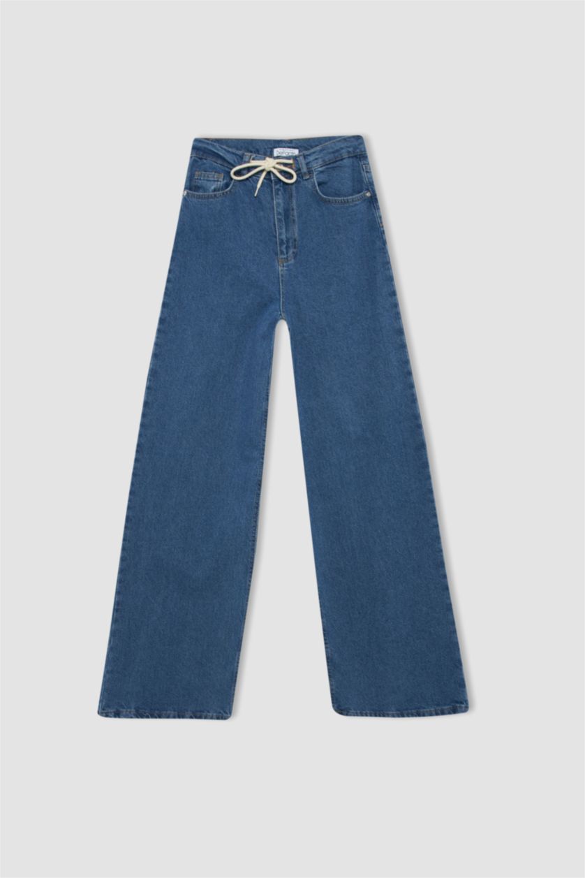 WOMAN Blue Wide Leg High Waist Lace Detailed Jean Trousers