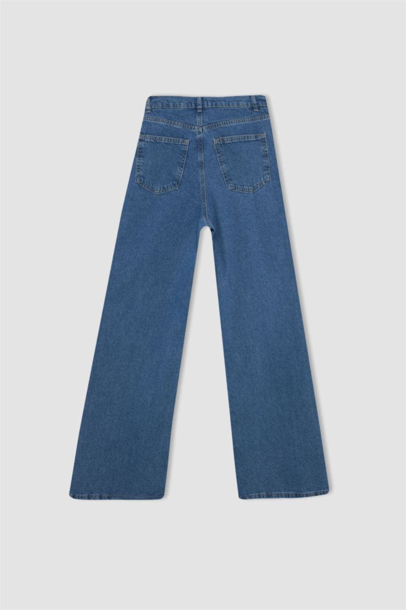 WOMAN Blue Wide Leg High Waist Lace Detailed Jean Trousers