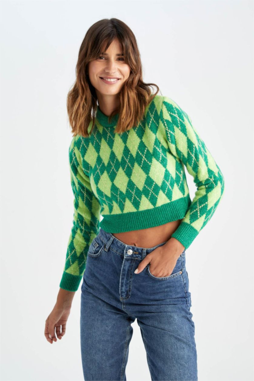 Woman Yeşil Regular Fit Crew Neck Pullover