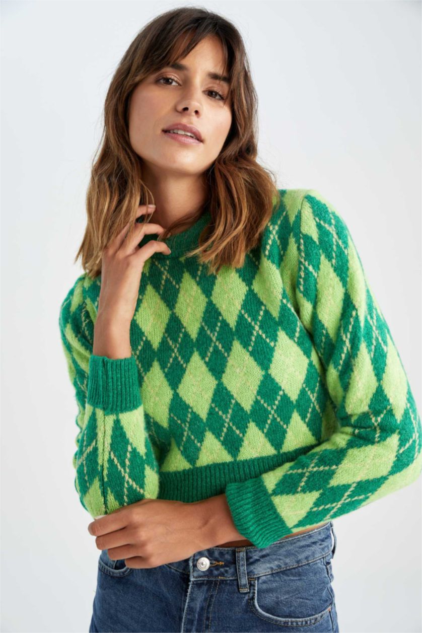 Woman Yeşil Regular Fit Crew Neck Pullover