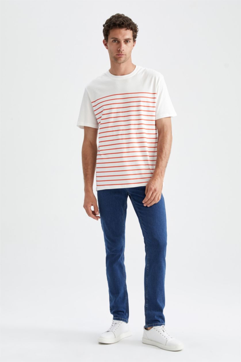 رجالي برتقالي تي شيرت قطن مخطط برقبة مستديرة وقصة عادية