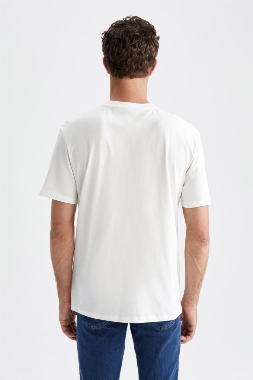 رجالي برتقالي تي شيرت قطن مخطط برقبة مستديرة وقصة عادية