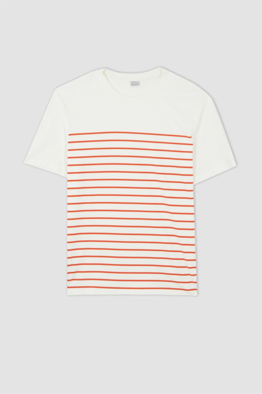 رجالي برتقالي تي شيرت قطن مخطط برقبة مستديرة وقصة عادية