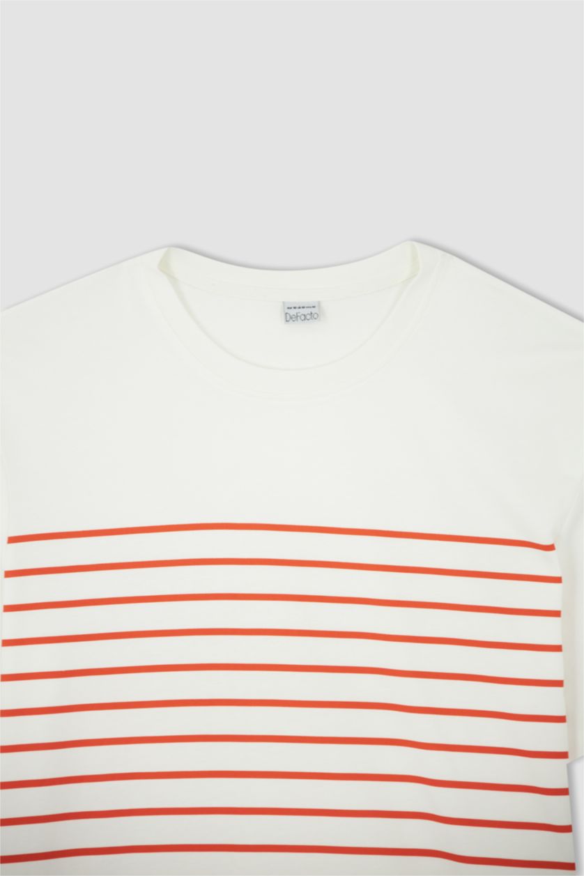 رجالي برتقالي تي شيرت قطن مخطط برقبة مستديرة وقصة عادية