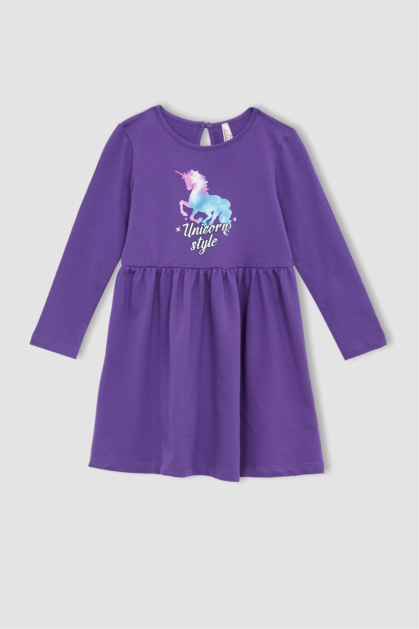 بنات بنفسجي غامق فستان بناتي بأكمام طويلة وياقة دائرية وطبعات يونيكورن