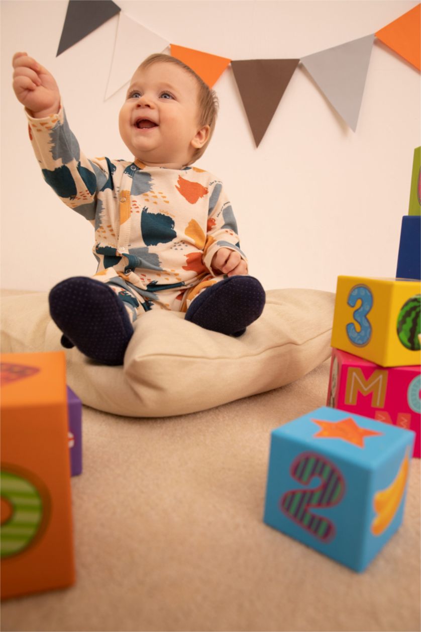 BABY BOY Stone Baby Boy Patterned Newborn Long Sleeve Organic Cotton Rompers