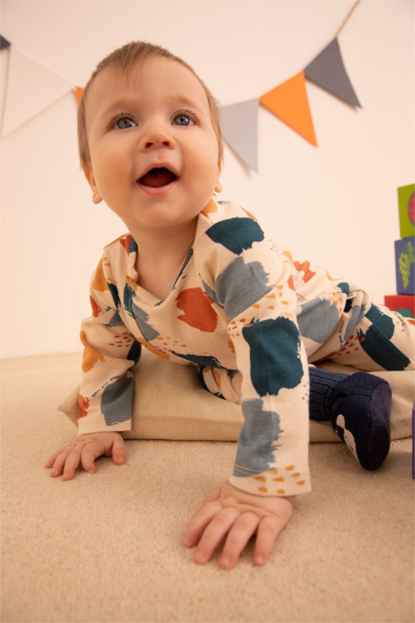 BABY BOY Stone Baby Boy Patterned Newborn Long Sleeve Organic Cotton Rompers