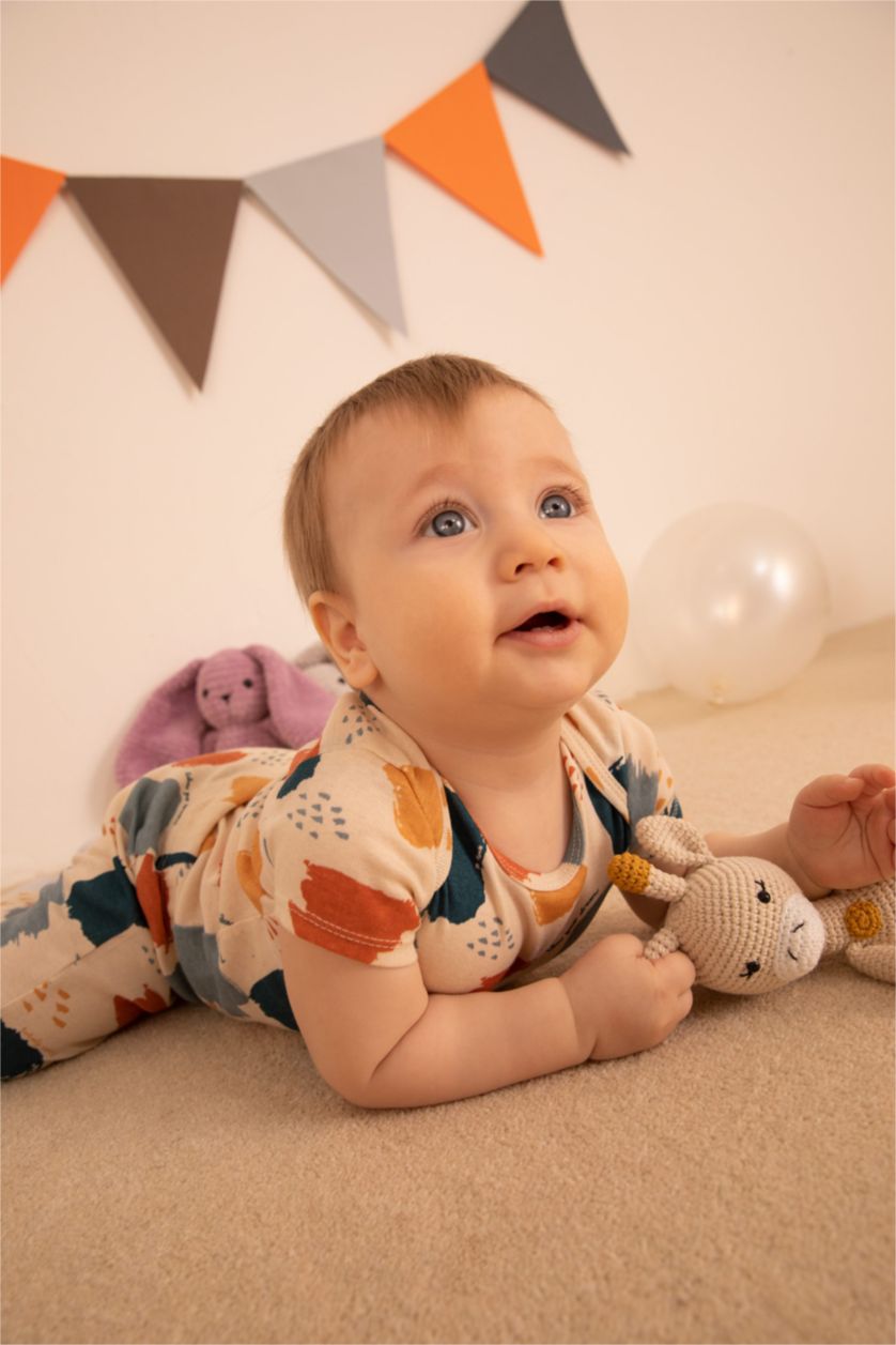 BABY BOY Stone Baby Boy Patterned Newborn Long Sleeve Organic Cotton Rompers