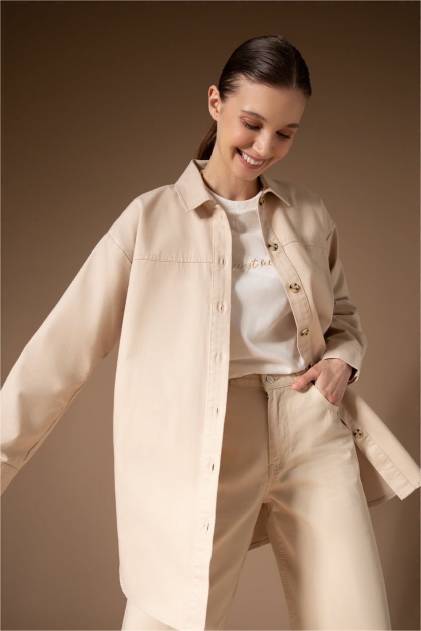 Kadın Bej Regular Fıt Pamuklu Uzun Kollu Tunik