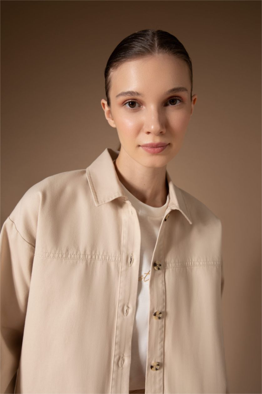 Kadın Bej Regular Fıt Pamuklu Uzun Kollu Tunik