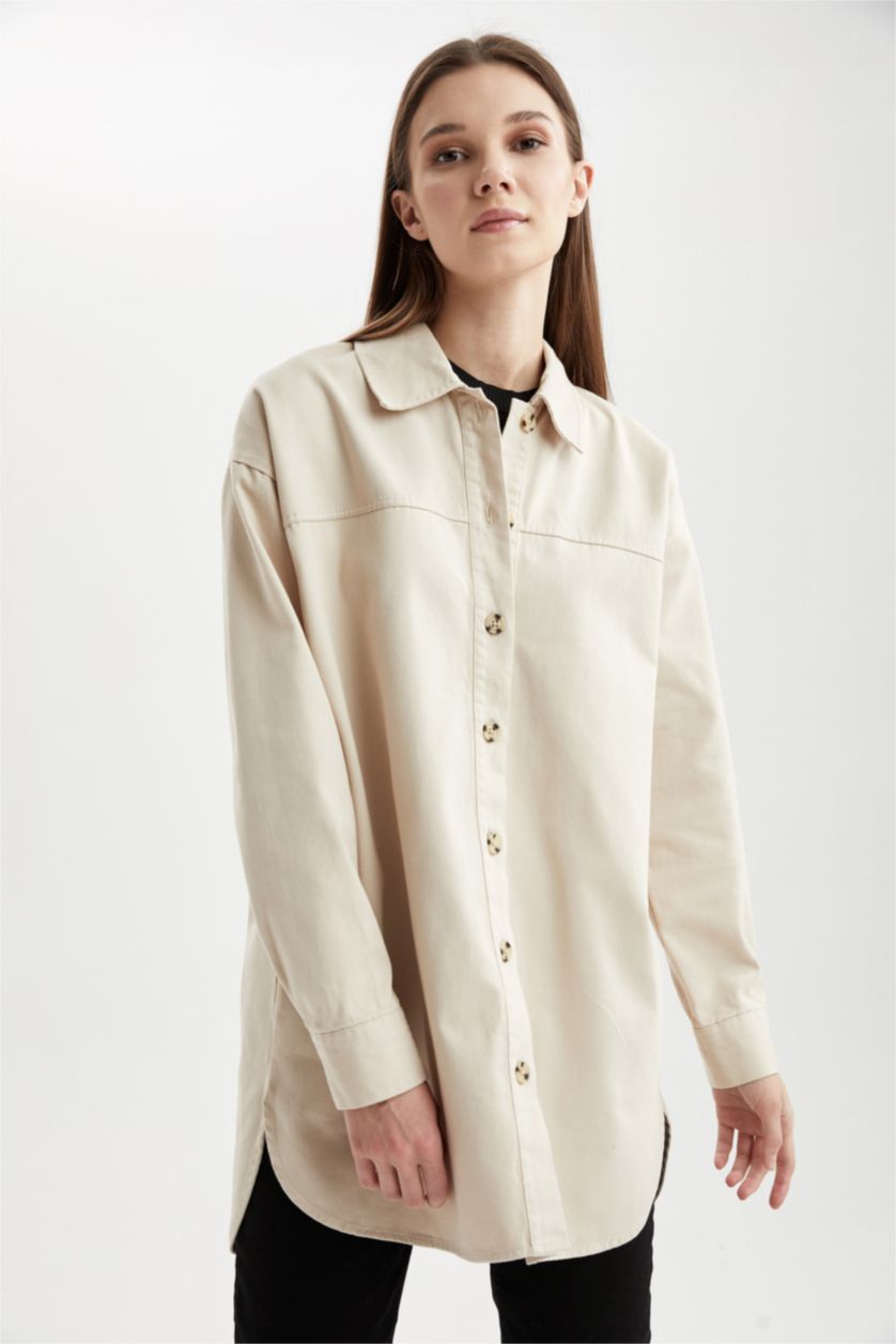 Kadın Bej Regular Fıt Pamuklu Uzun Kollu Tunik