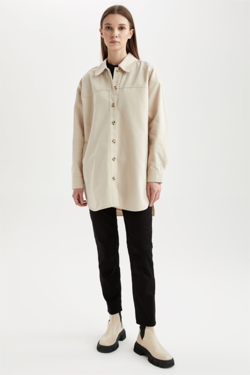 Kadın Bej Regular Fıt Pamuklu Uzun Kollu Tunik