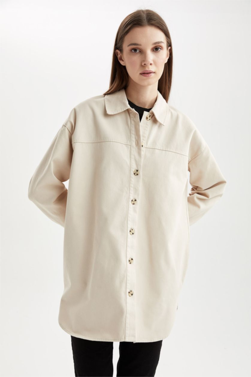 Kadın Bej Regular Fıt Pamuklu Uzun Kollu Tunik