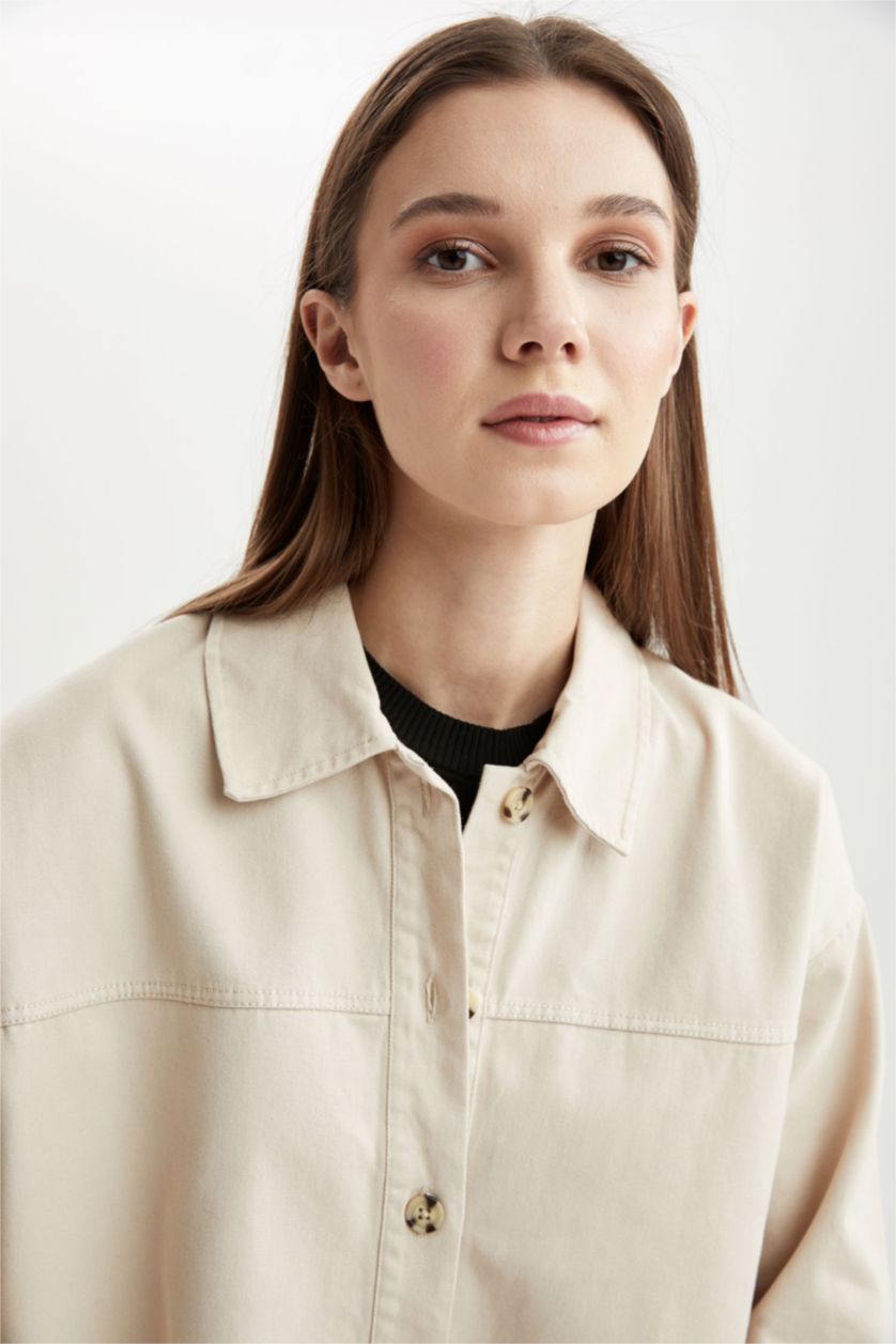 Kadın Bej Regular Fıt Pamuklu Uzun Kollu Tunik