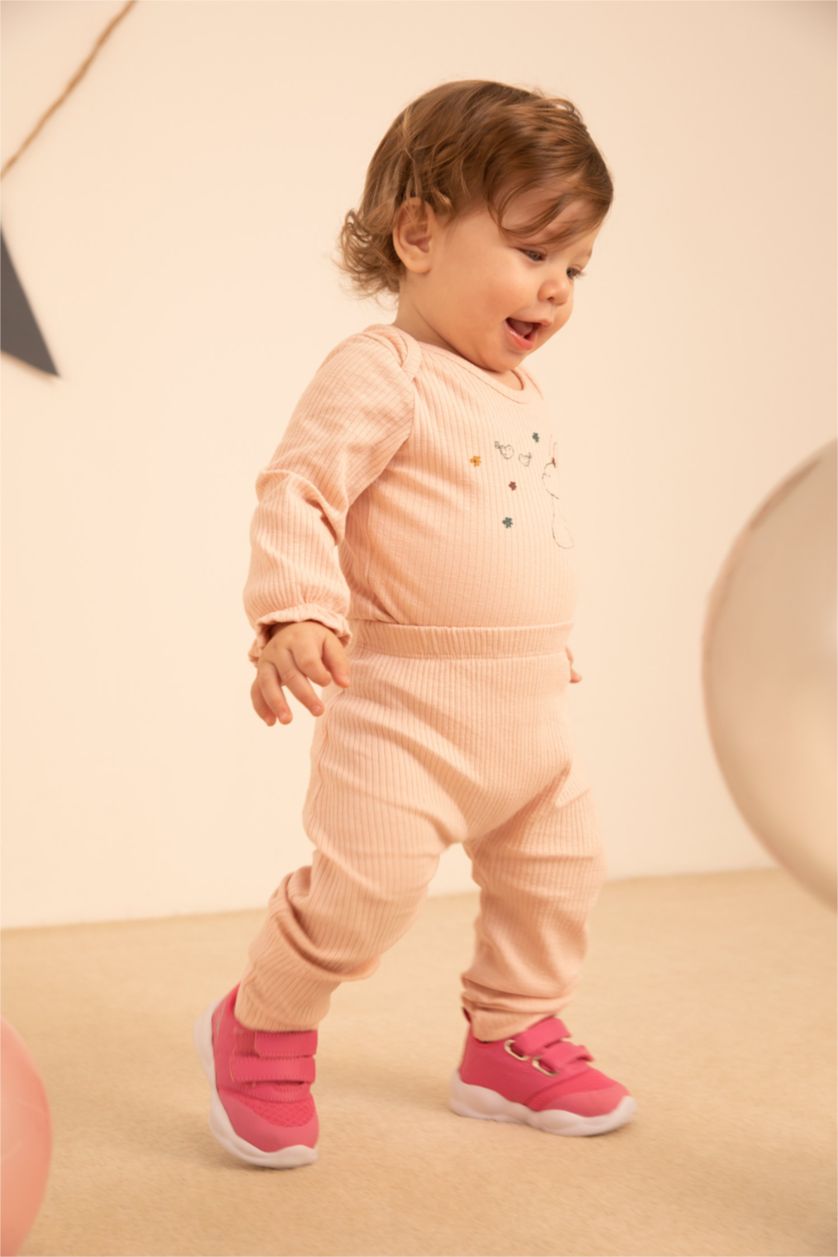 BABY GIRL Pink Baby Girl Rabbit Printed Newborn Ribbed Organic Cotton Snap-On Body Leggings Set