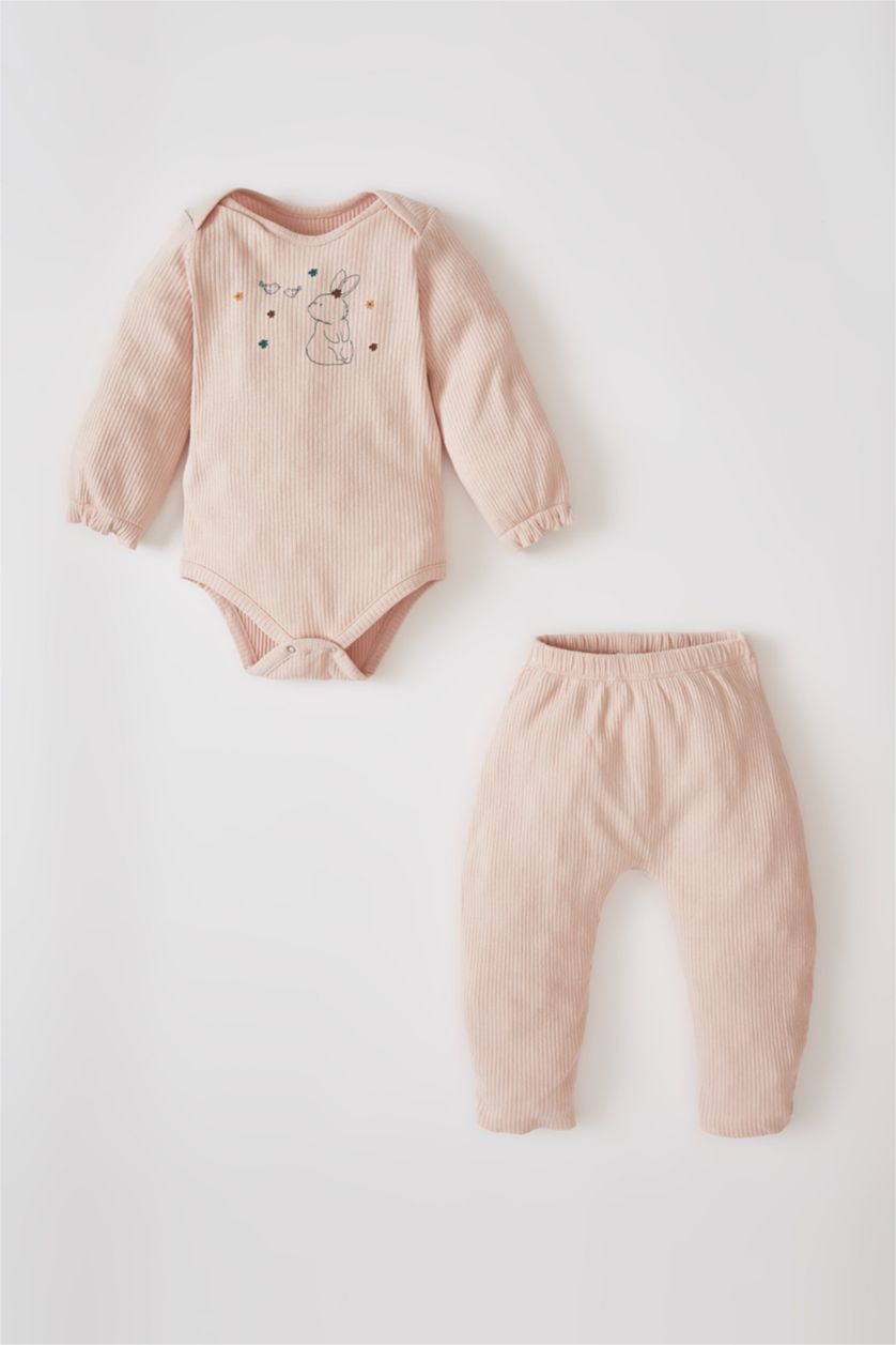 BABY GIRL Pink Baby Girl Rabbit Printed Newborn Ribbed Organic Cotton Snap-On Body Leggings Set