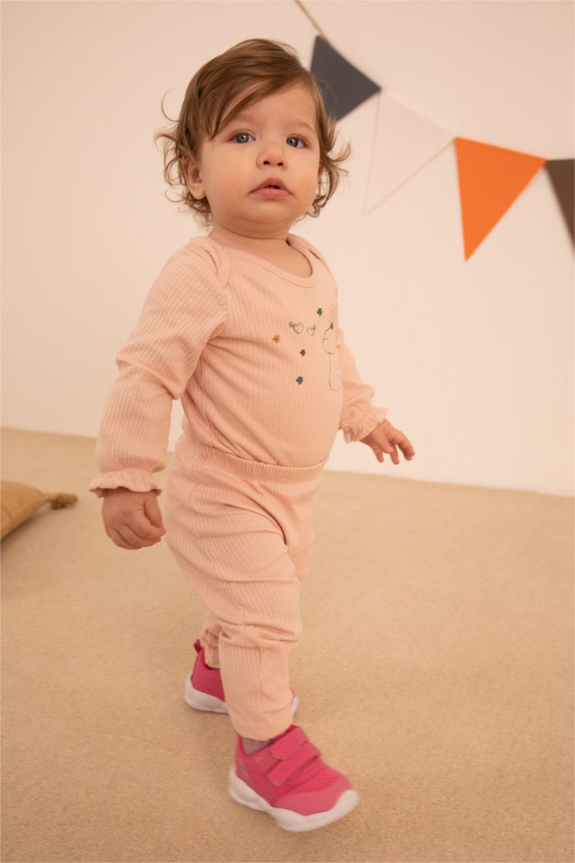 BABY GIRL Pink Baby Girl Rabbit Printed Newborn Ribbed Organic Cotton Snap-On Body Leggings Set