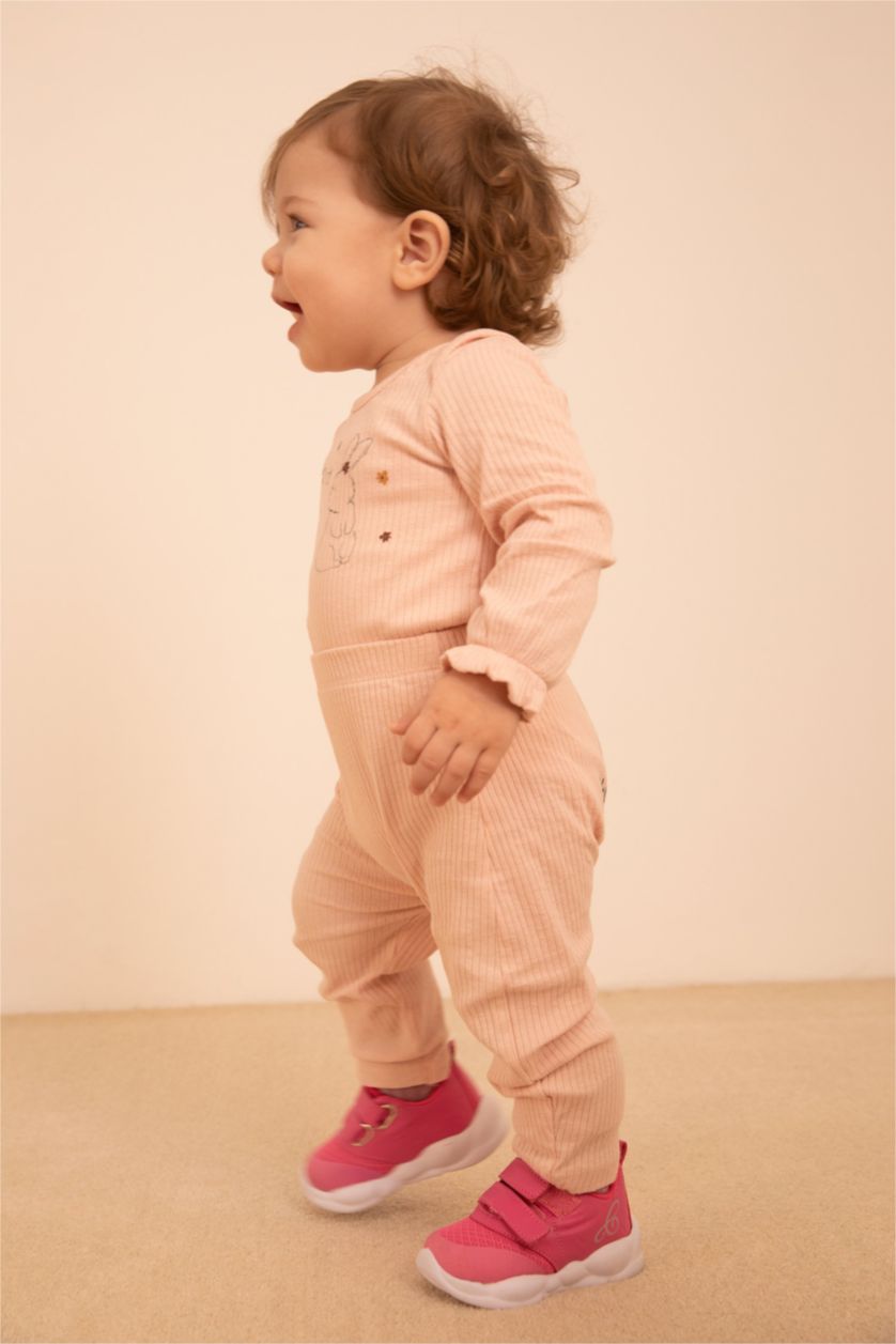 BABY GIRL Pink Baby Girl Rabbit Printed Newborn Ribbed Organic Cotton Snap-On Body Leggings Set