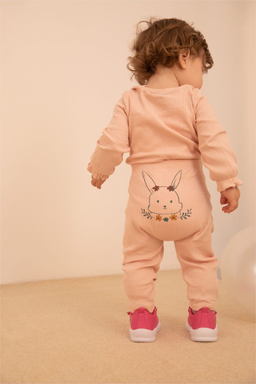 BABY GIRL Pink Baby Girl Rabbit Printed Newborn Ribbed Organic Cotton Snap-On Body Leggings Set