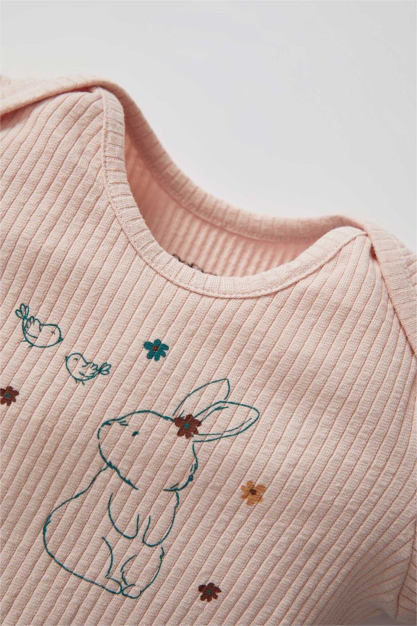 BABY GIRL Pink Baby Girl Rabbit Printed Newborn Ribbed Organic Cotton Snap-On Body Leggings Set