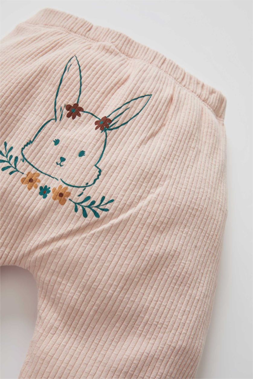 BABY GIRL Pink Baby Girl Rabbit Printed Newborn Ribbed Organic Cotton Snap-On Body Leggings Set