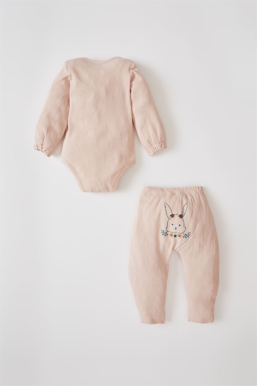 BABY GIRL Pink Baby Girl Rabbit Printed Newborn Ribbed Organic Cotton Snap-On Body Leggings Set