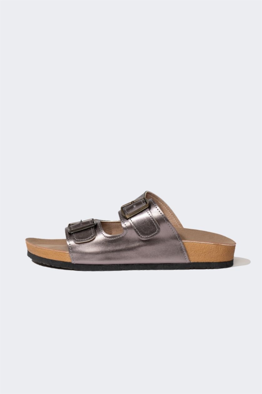 WOMAN Gümüş Women Flat Sole Faux Leather Slippers