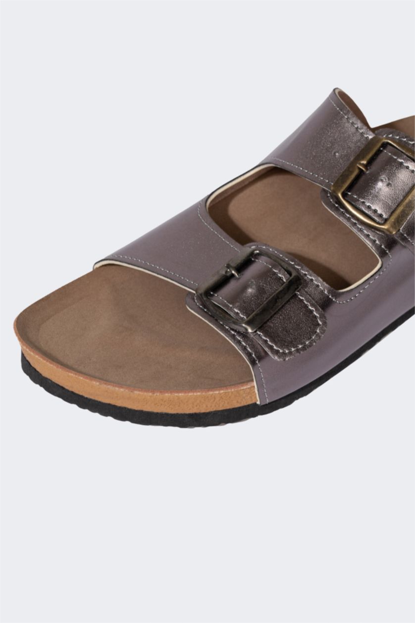 WOMAN Gümüş Women Flat Sole Faux Leather Slippers