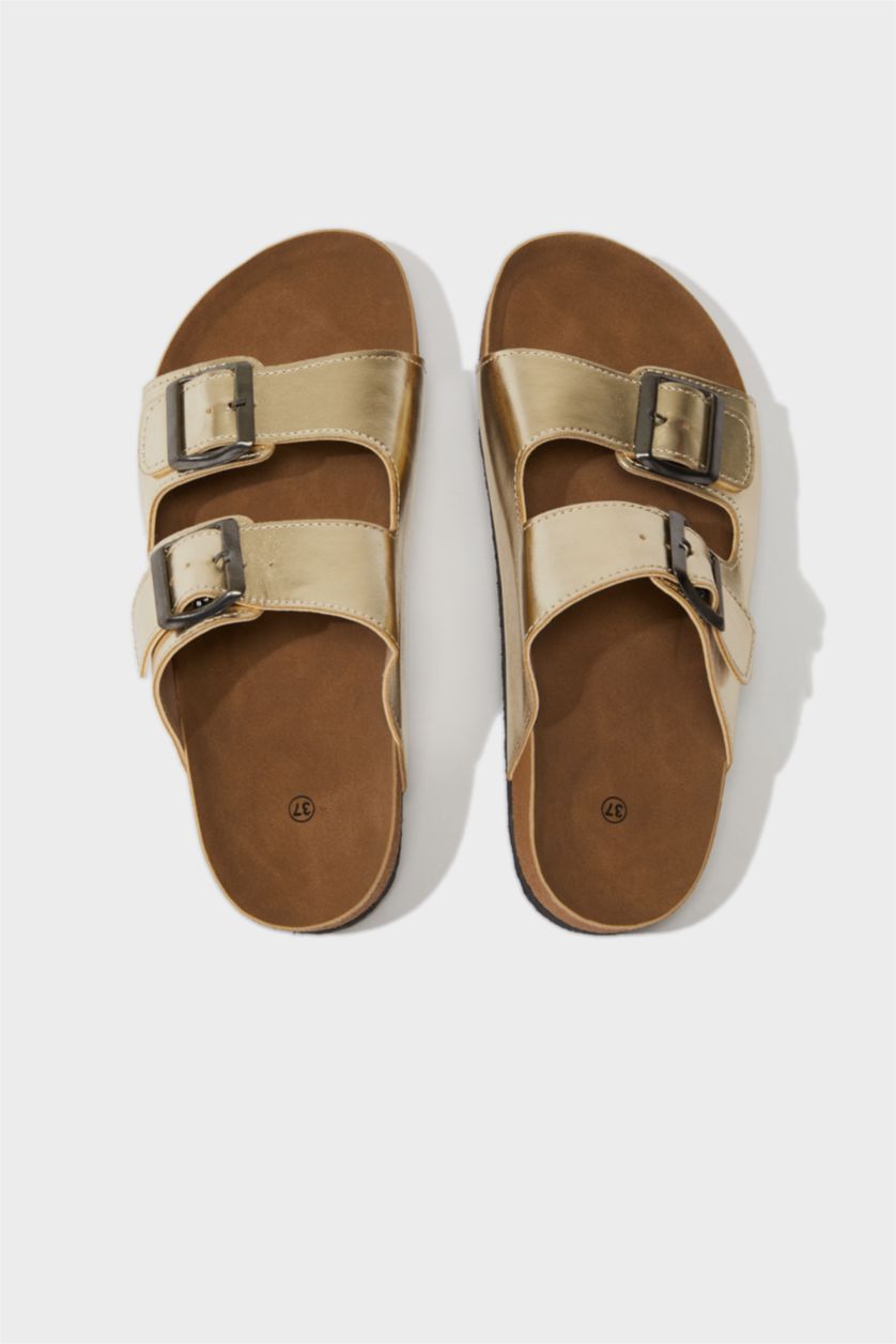 Kadın Altın Kadın Düz Taban Suni Deri Terlik