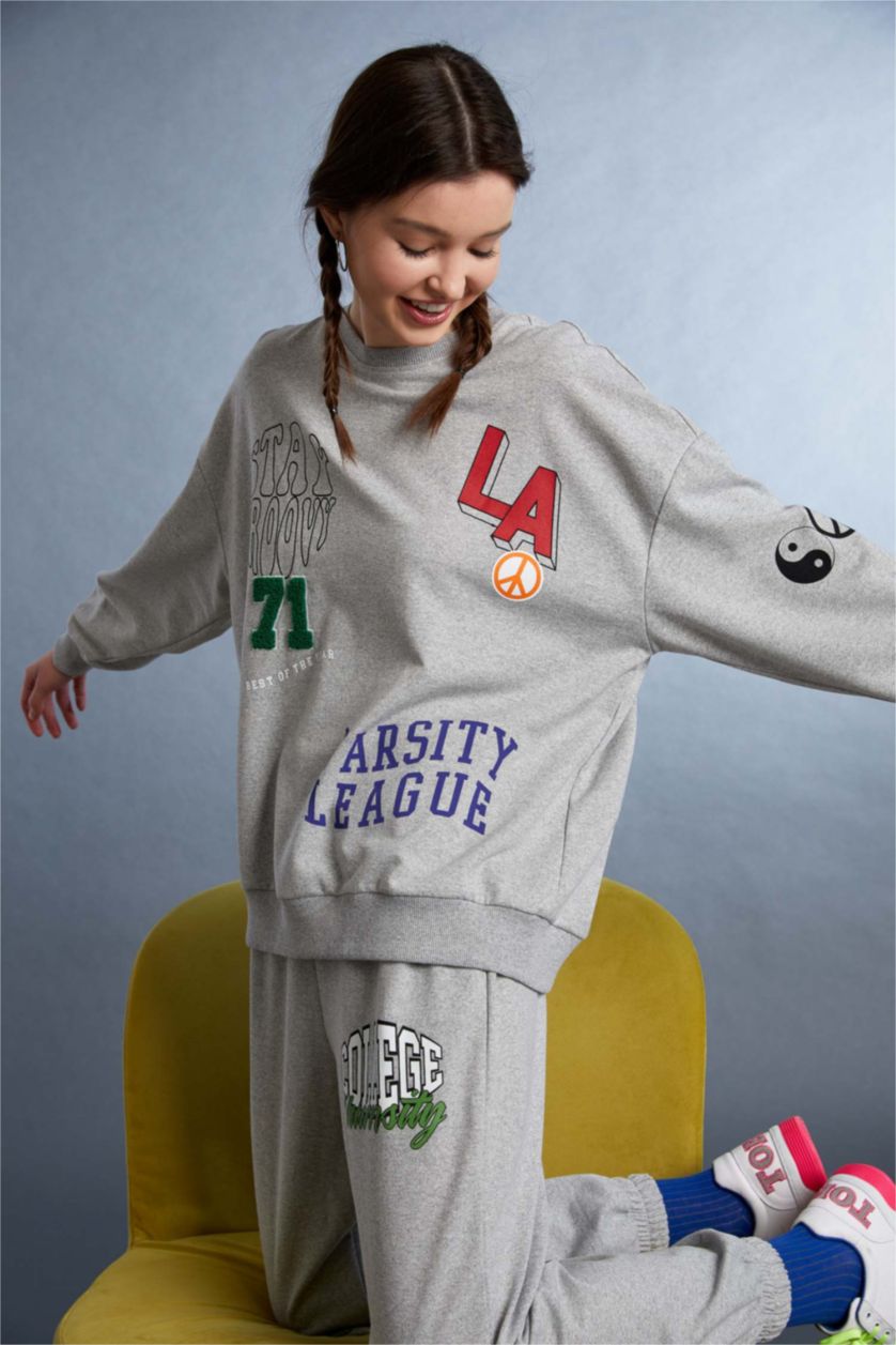 Женщины Серый меланж Свитшот оверсайз с принтом для женщин