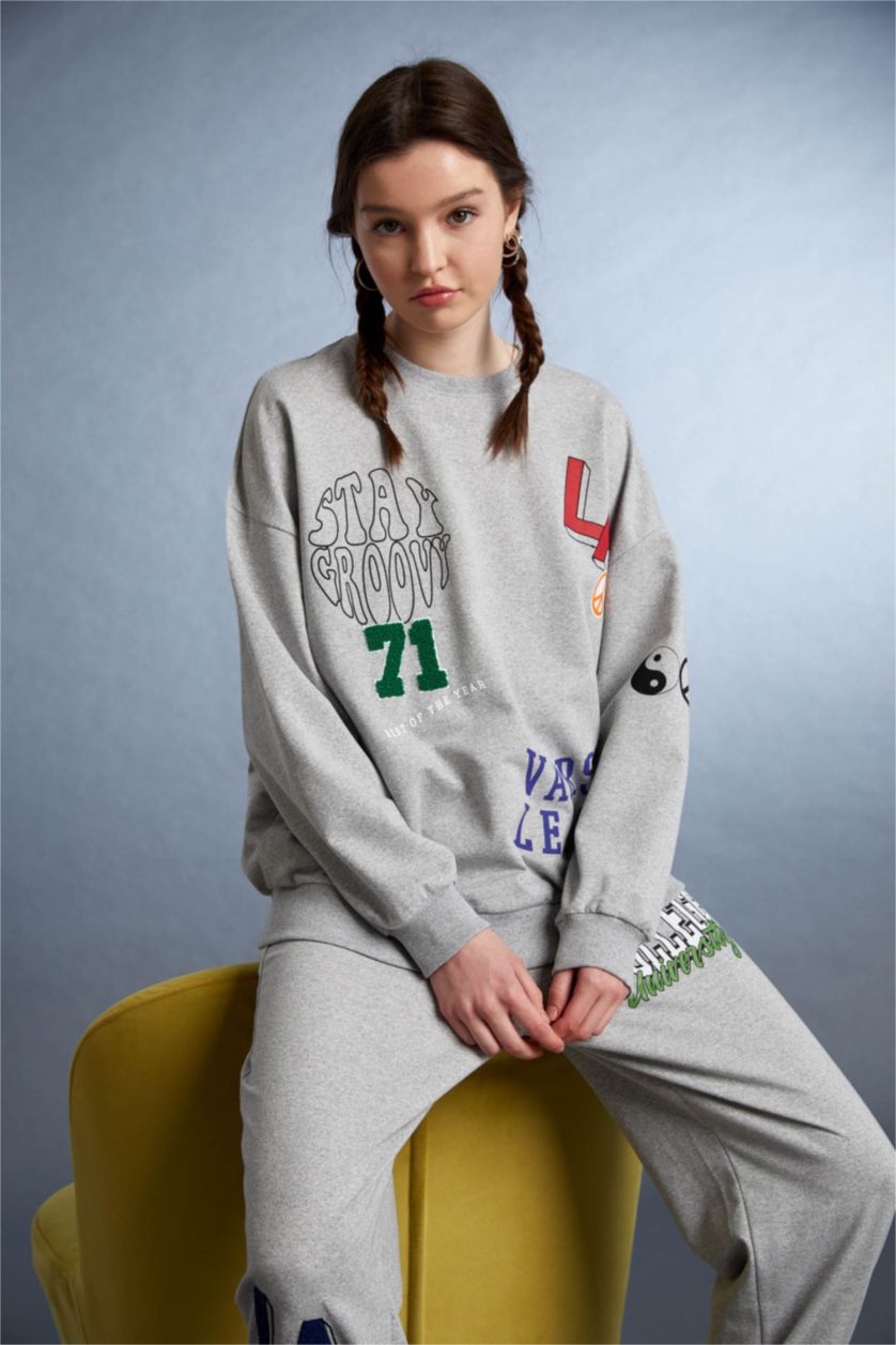 Женщины Серый меланж Свитшот оверсайз с принтом для женщин