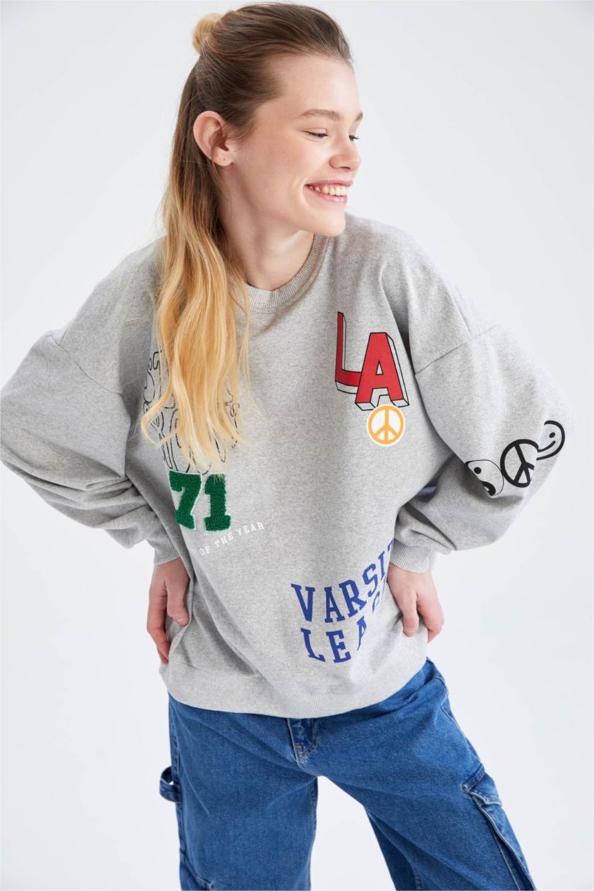 Женщины Серый меланж Свитшот оверсайз с принтом для женщин