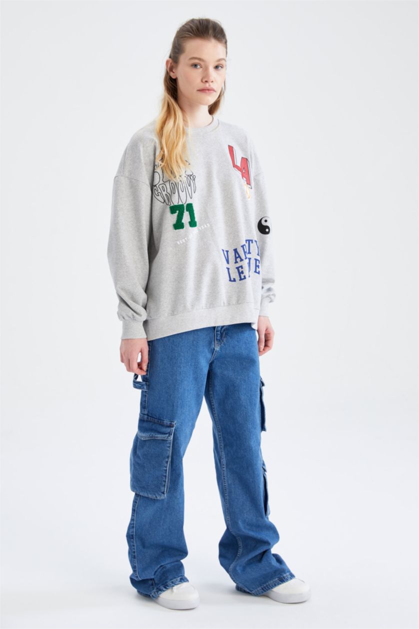Женщины Серый меланж Свитшот оверсайз с принтом для женщин