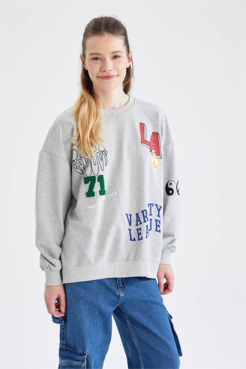 Женщины Серый меланж Свитшот оверсайз с принтом для женщин