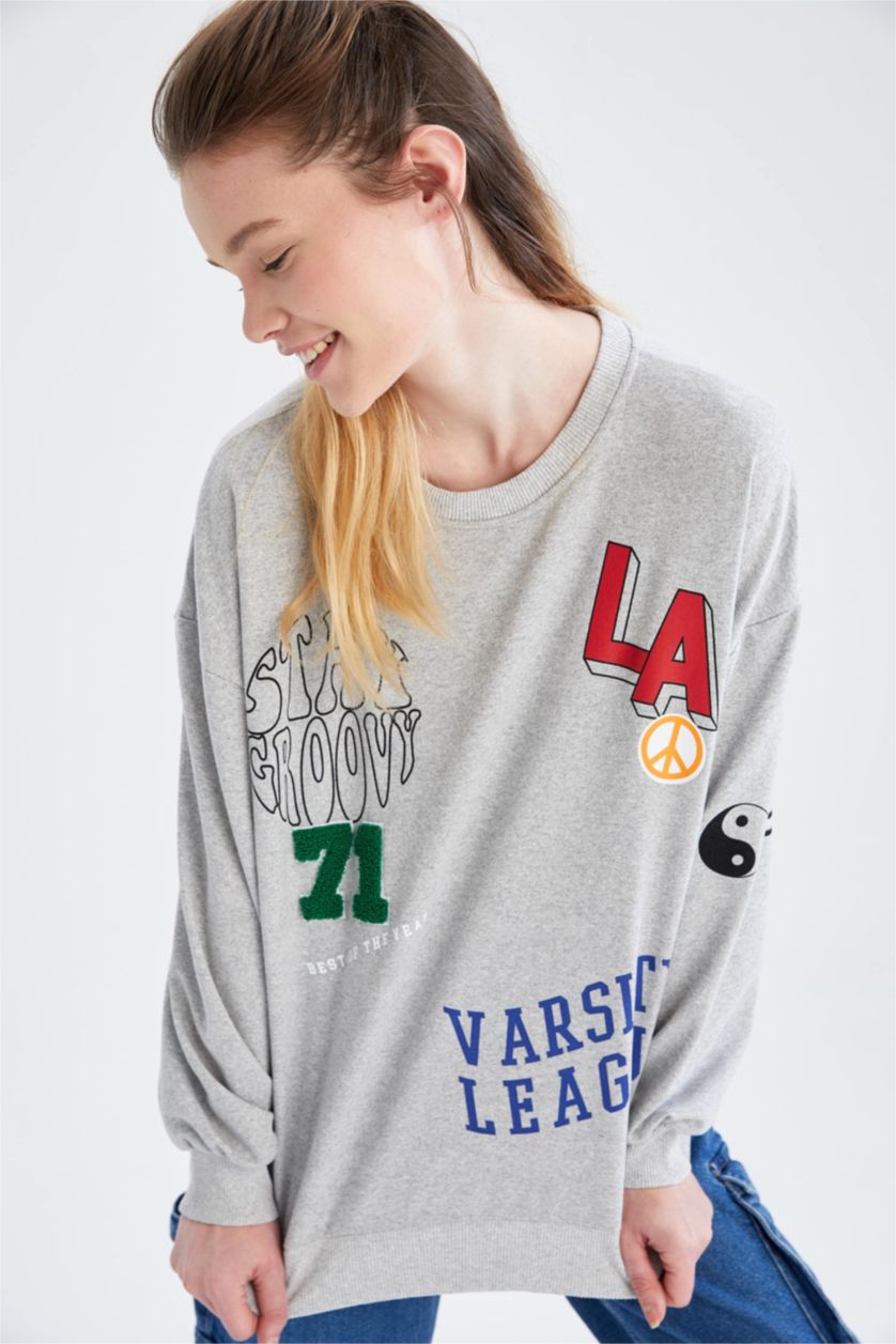 Женщины Серый меланж Свитшот оверсайз с принтом для женщин