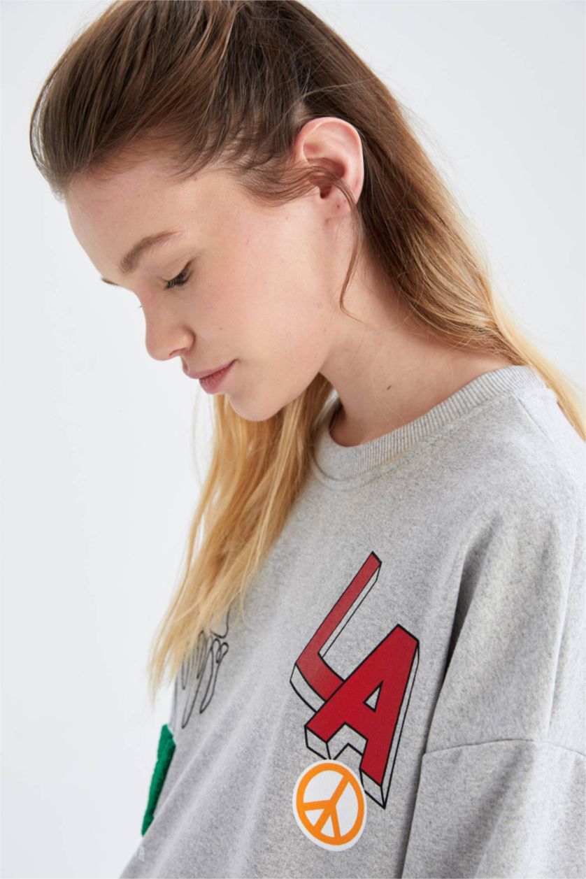 Женщины Серый меланж Свитшот оверсайз с принтом для женщин