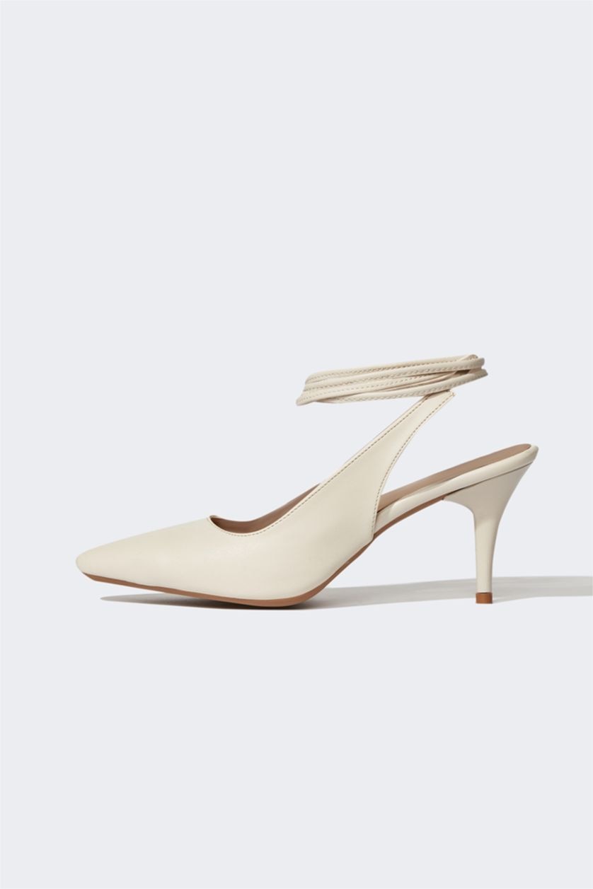 نساء بيج حذاء نسائي بكعب جلد صناعي برباط وكعب عالي