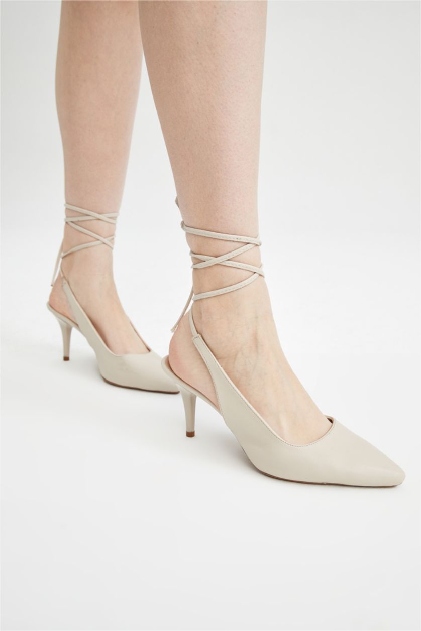 نساء بيج حذاء نسائي بكعب جلد صناعي برباط وكعب عالي