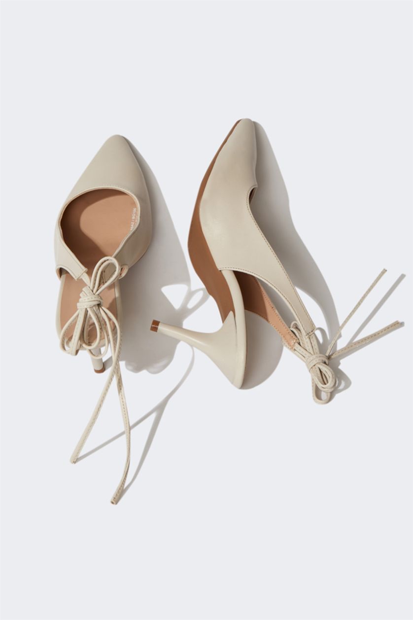 نساء بيج حذاء نسائي بكعب جلد صناعي برباط وكعب عالي