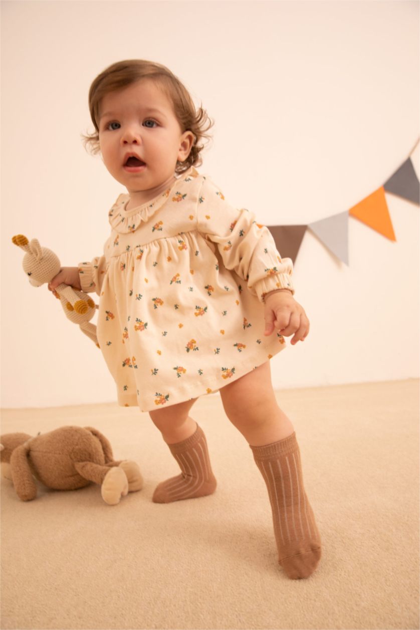 BÉBÉ FILLE Beige Robe à manches longues en coton Bio durable à motif floral pour bébé Fille