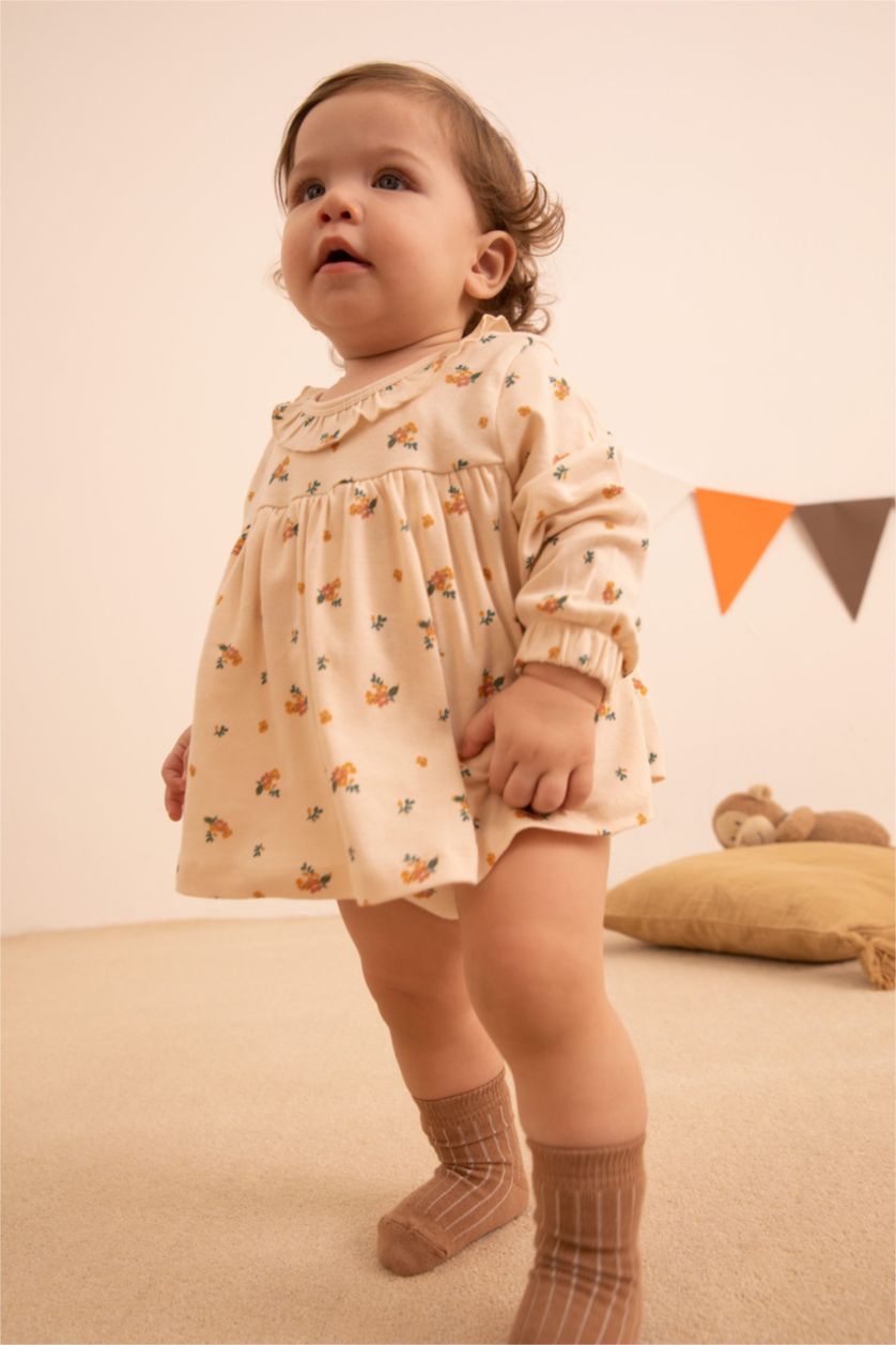BÉBÉ FILLE Beige Robe à manches longues en coton Bio durable à motif floral pour bébé Fille