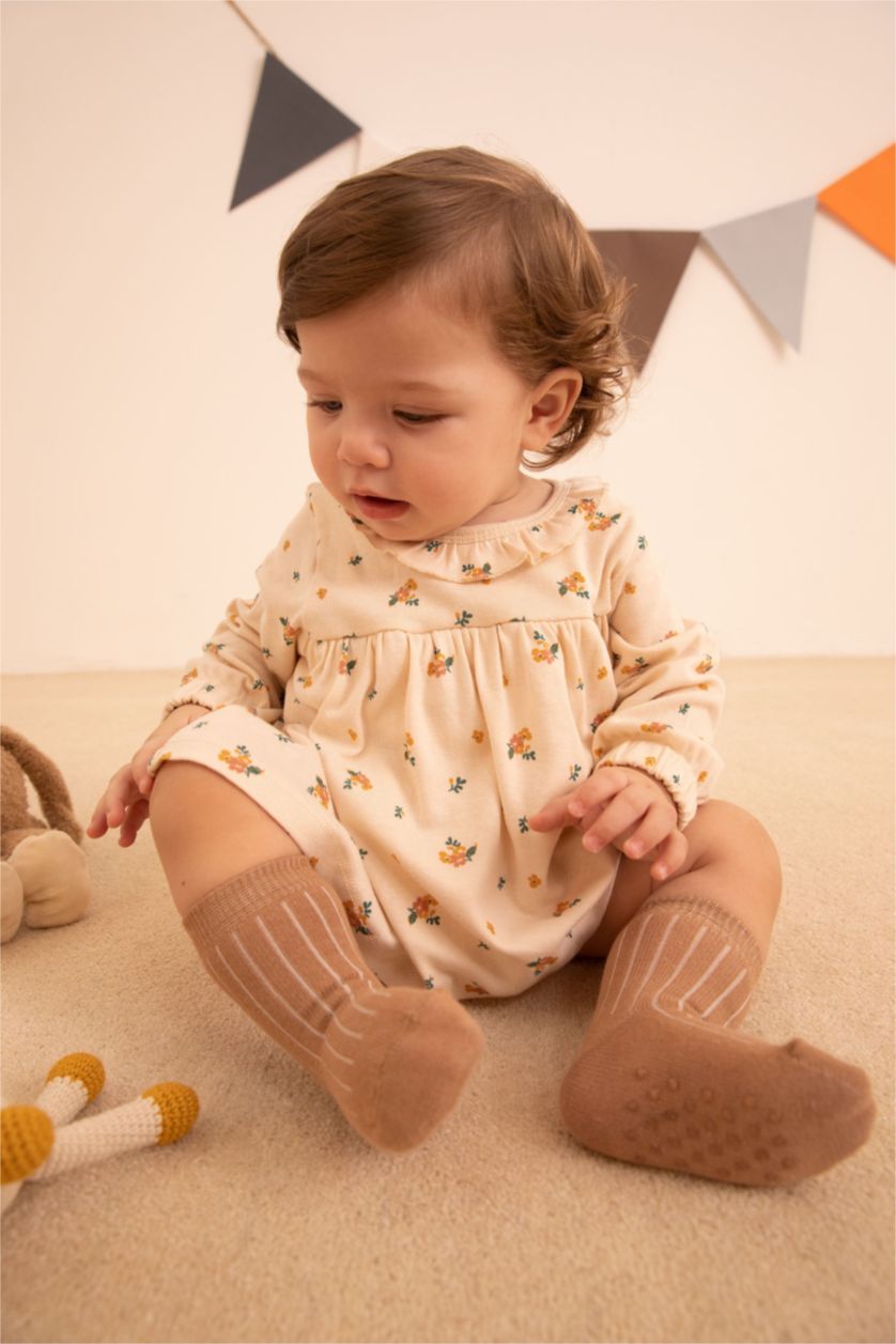 BÉBÉ FILLE Beige Robe à manches longues en coton Bio durable à motif floral pour bébé Fille