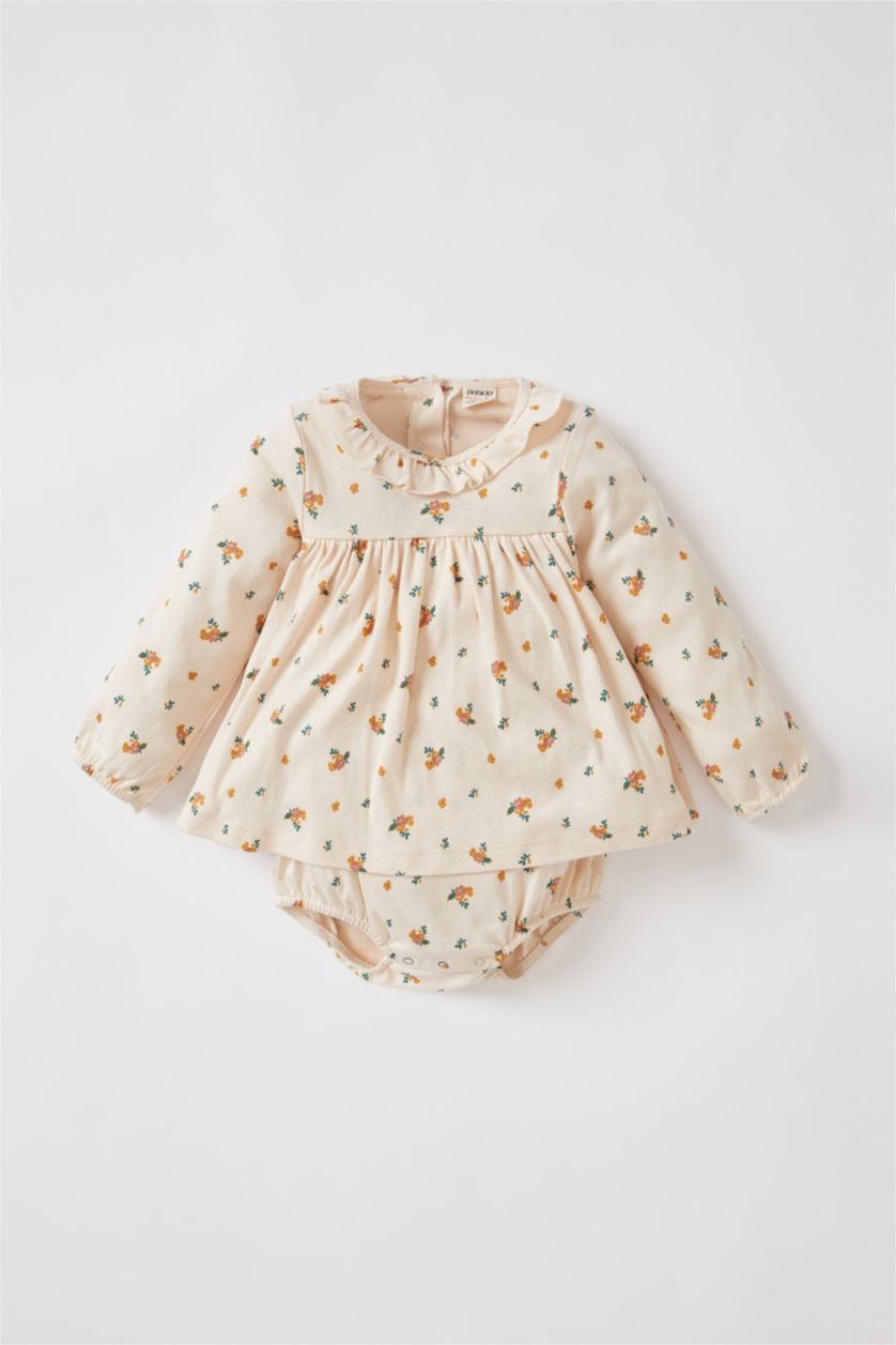 BÉBÉ FILLE Beige Robe à manches longues en coton Bio durable à motif floral pour bébé Fille