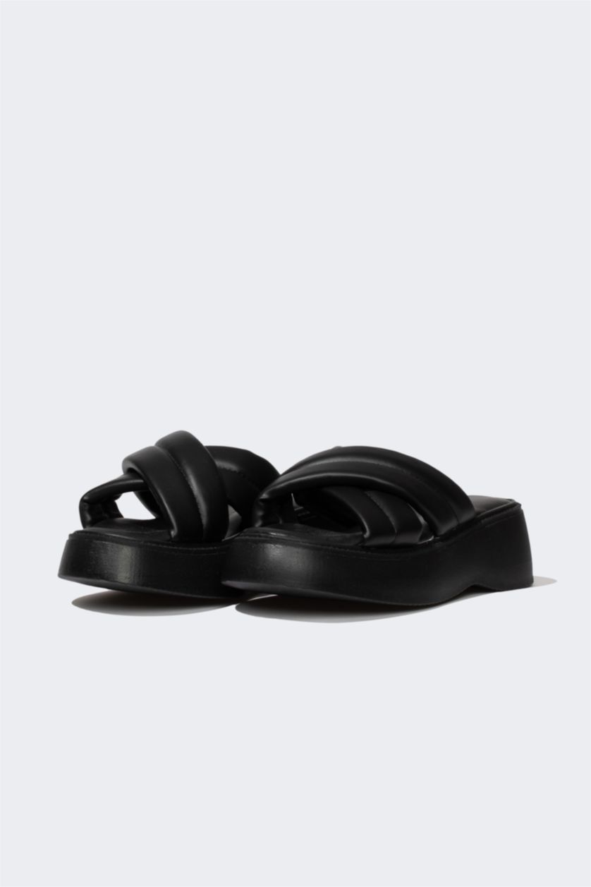 Woman Black Women High Sole Faux Leather Slippers