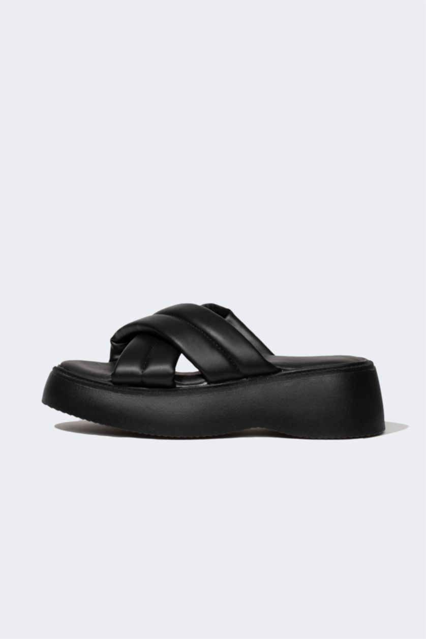 Woman Black Women High Sole Faux Leather Slippers